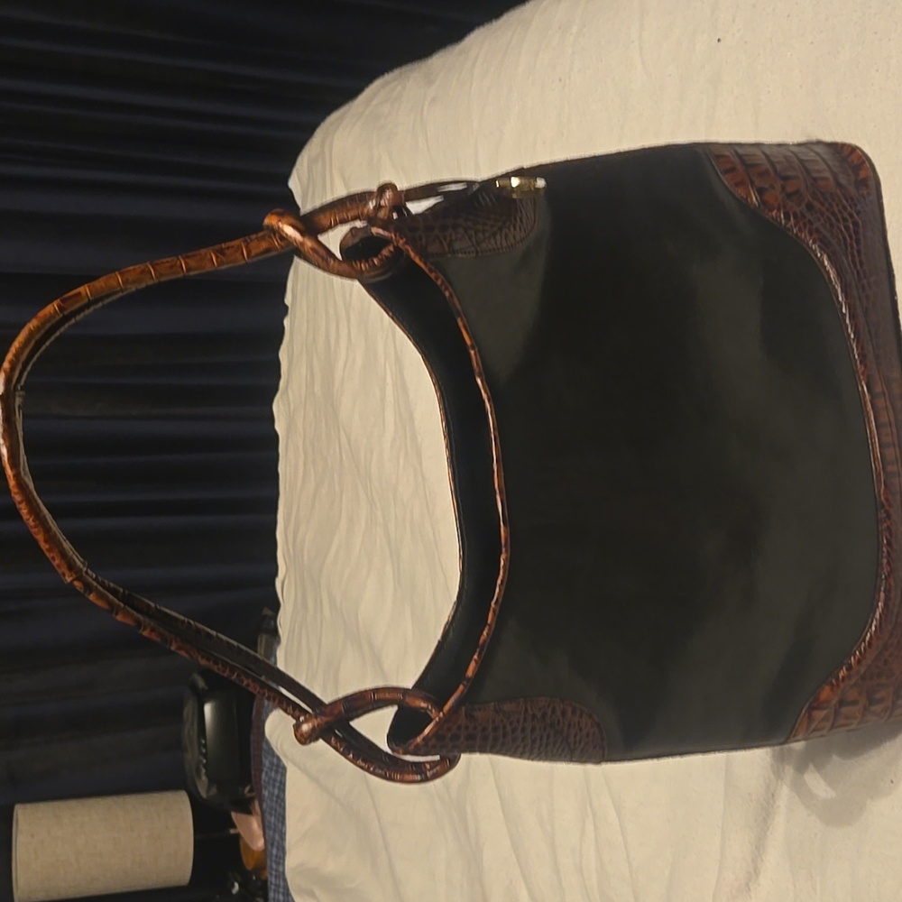 Brahmin Black and Brown Leather with Croc Style Trim Shoulder Purse